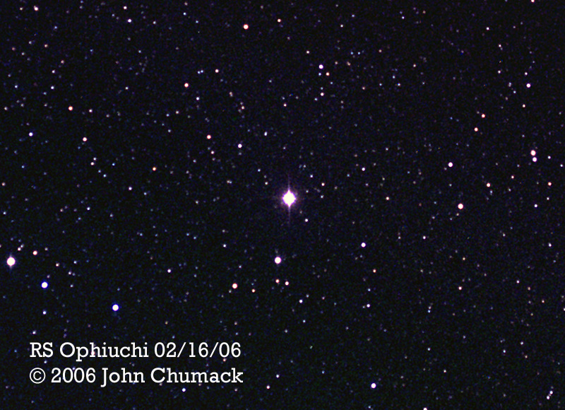 1744-06 RS Ophiuchi (NR) Recurrent Nova in Outburst at 5.3 magnitude on 02/16/06The brightest star at the center of this image - Naked Eye at discovery it reached 4.5 magnitude up from 12th magnitude.RS Ophiuchi is in the constellation of Ophiuchus at coordinates RA: 17h 50m 13s, DEC: -06d, 42m, 30s