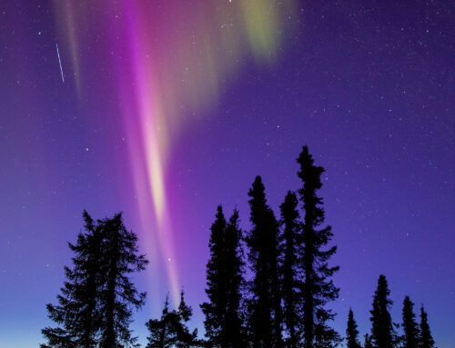 Aurora after Sunset during twilight “Blue Hour” with bright Meteor